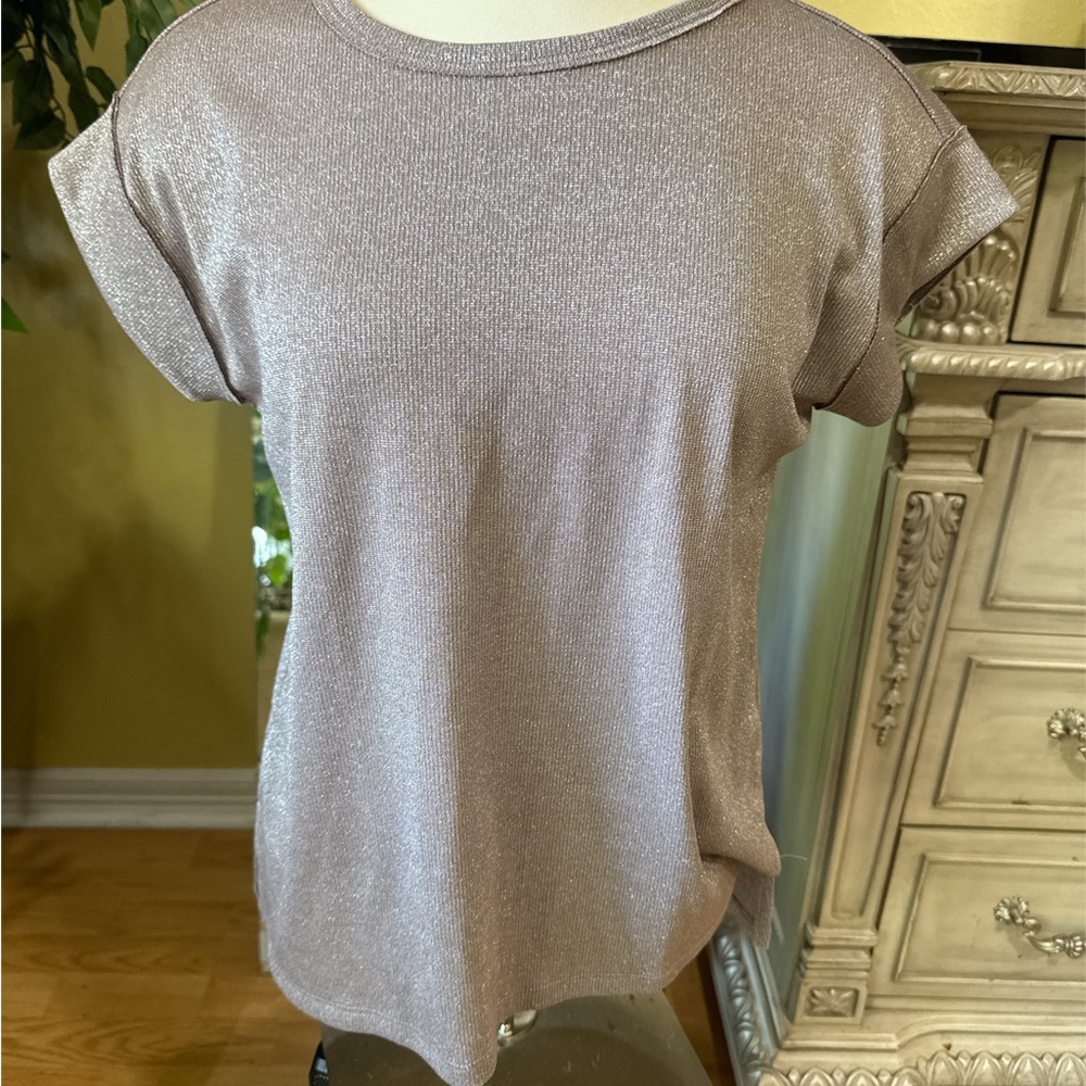 Lucky Brand Shimmer Metallic Knit Tee Pink Taupe Short Sleeve Size S NWT